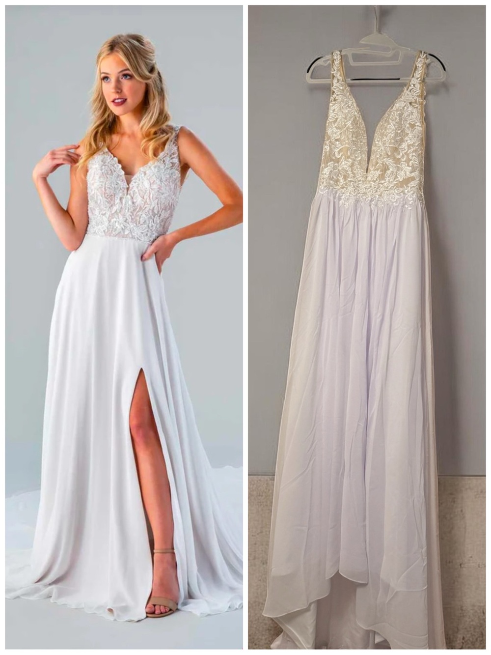 Lace Bodice A-Line White Wedding / Evening Dress with Front Slit